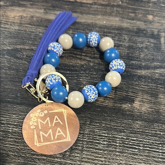 NWT Mama Wooden Beaded Bracelet Keychain with Tassel & Thick Charm Royal Blue - Picture 3 of 5